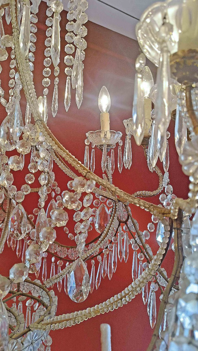 LAMPADARIO A PANIERE CRISTALLI E VETRO INIZI XX SECOLO-photo-4