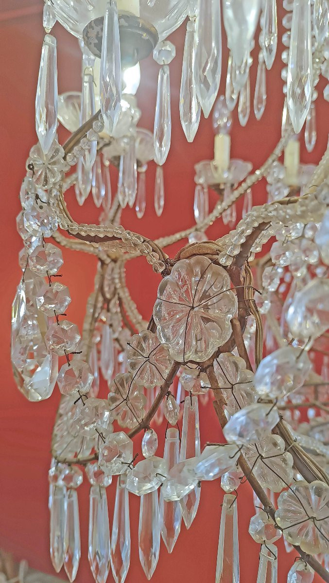 LAMPADARIO A PANIERE CRISTALLI E VETRO INIZI XX SECOLO-photo-1