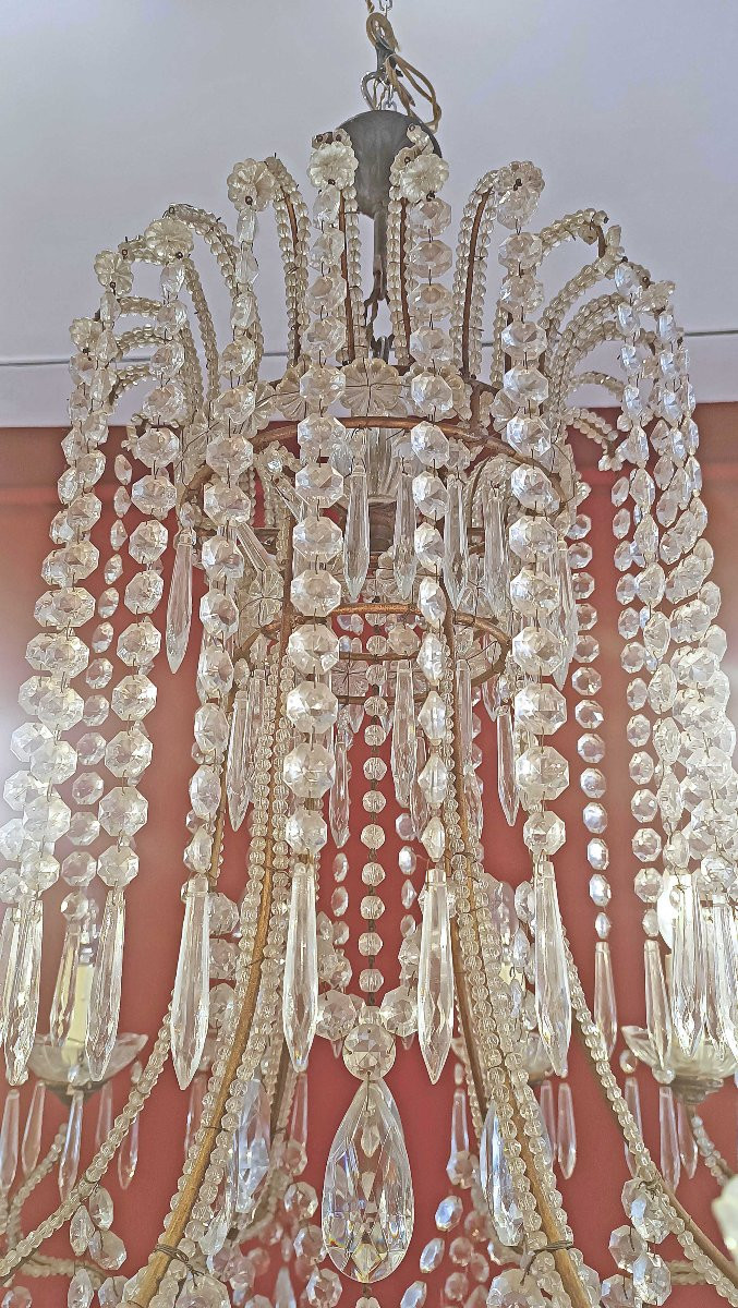 LAMPADARIO A PANIERE CRISTALLI E VETRO INIZI XX SECOLO-photo-2