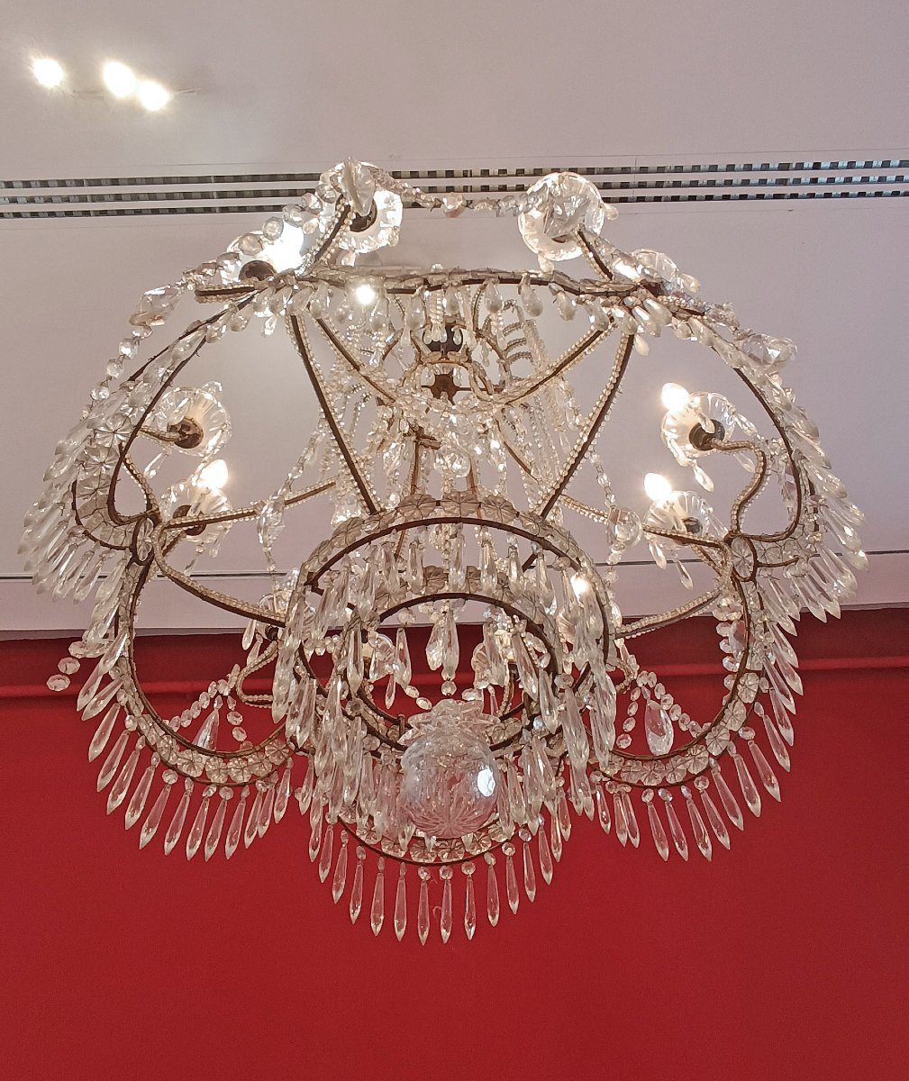 LAMPADARIO A PANIERE CRISTALLI E VETRO INIZI XX SECOLO-photo-6