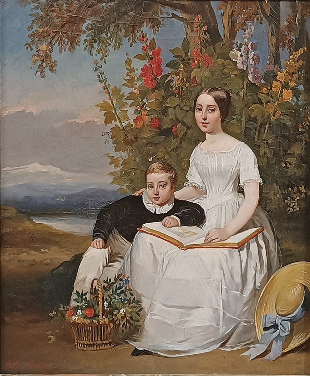 DIPINTO CON RITRATTO DI DUE FRATELLI PRIMI XIX SECOLO-photo-2