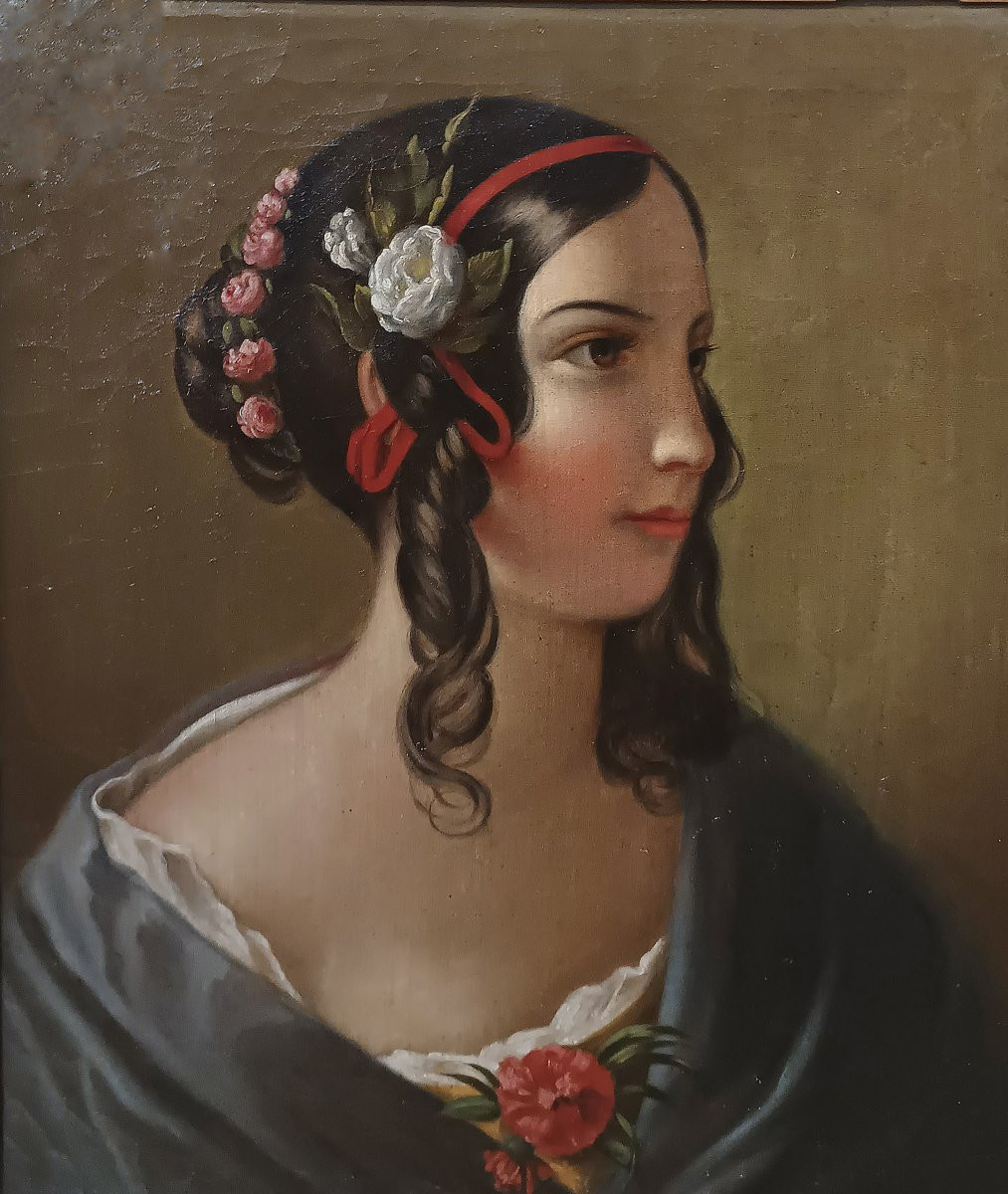 RITRATTO DI GIOVINETTA OLIO SU TELA META’ XIX SECOLO-photo-3