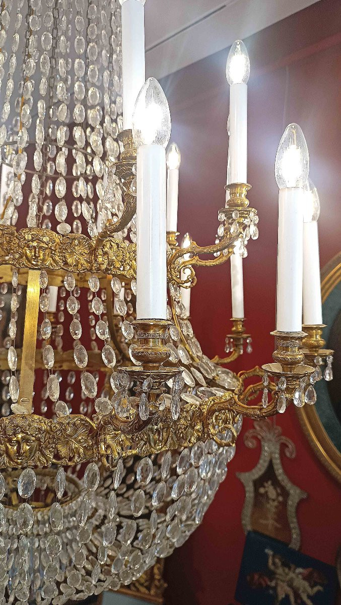 GRANDE LAMPADARIO A PANIERA IN BRONZO DORATO E CRISTALLI META’ XIX SECOLO-photo-1
