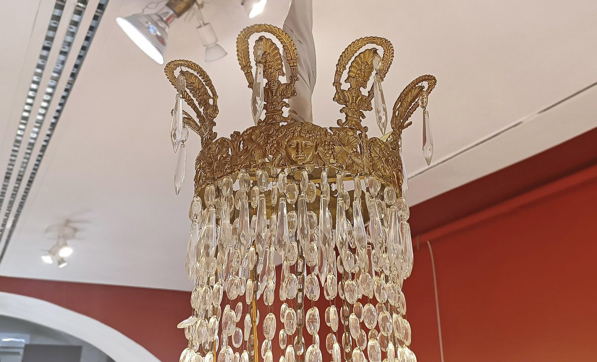 GRANDE LAMPADARIO A PANIERA IN BRONZO DORATO E CRISTALLI META’ XIX SECOLO-photo-4