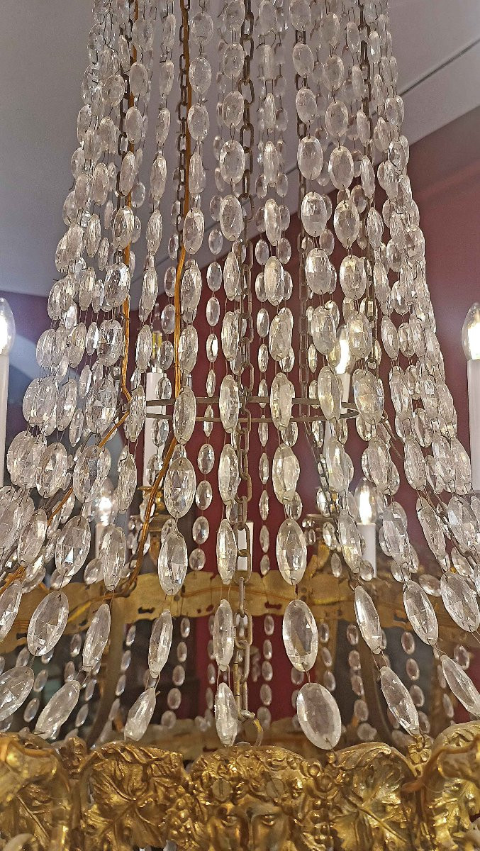 GRANDE LAMPADARIO A PANIERA IN BRONZO DORATO E CRISTALLI META’ XIX SECOLO-photo-8