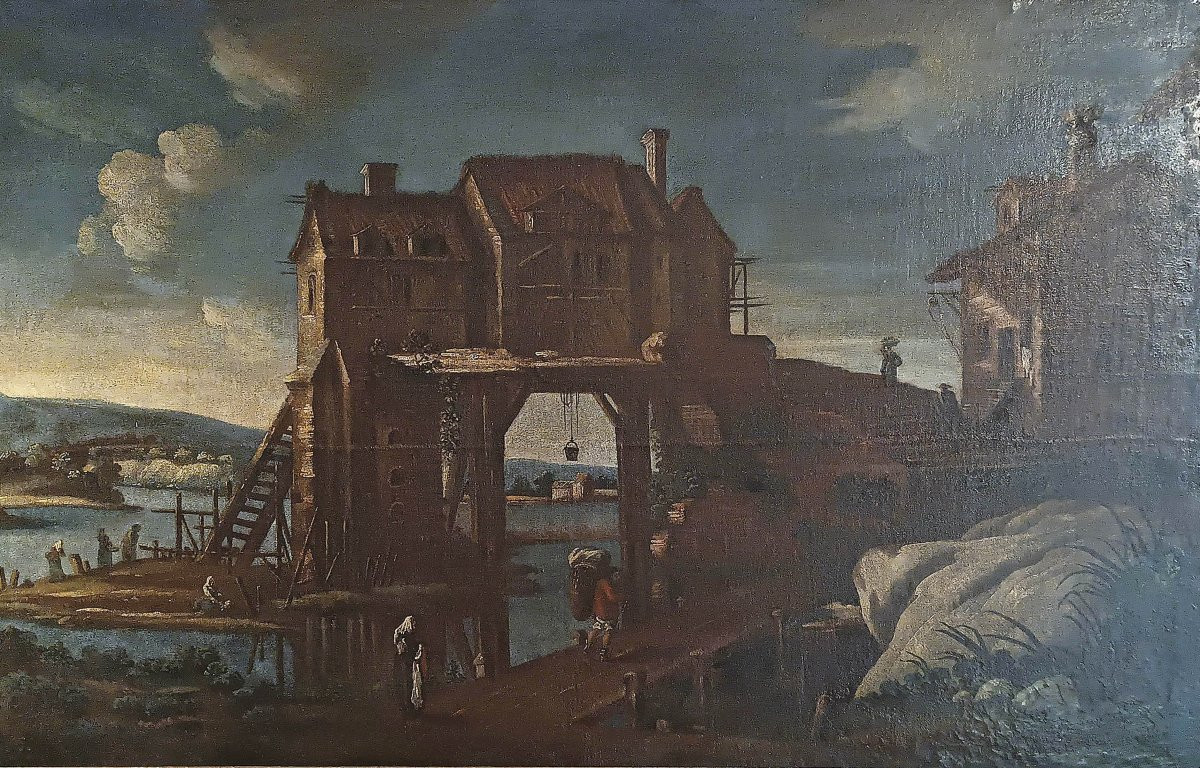 GRANDE DIPINTO CON PAESAGGIO E FIGURE FINE DEL XVII SECOLO-photo-2