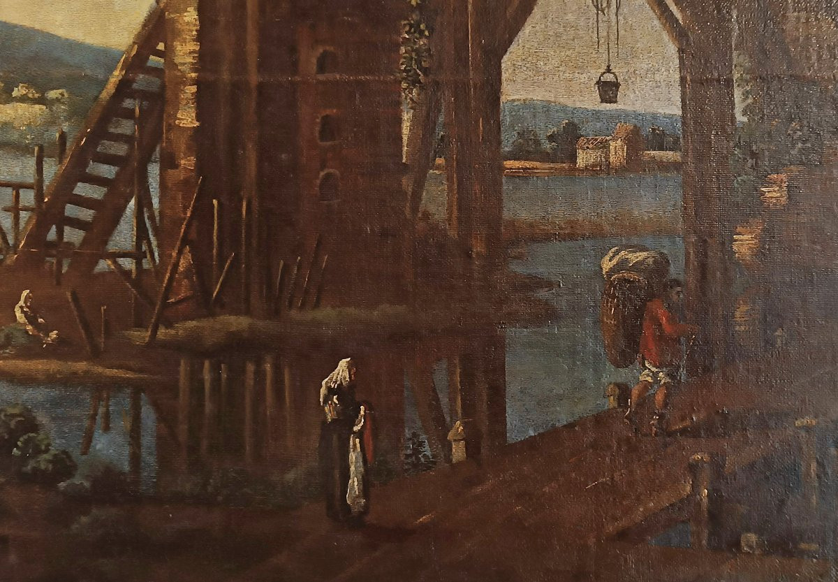 GRANDE DIPINTO CON PAESAGGIO E FIGURE FINE DEL XVII SECOLO-photo-4