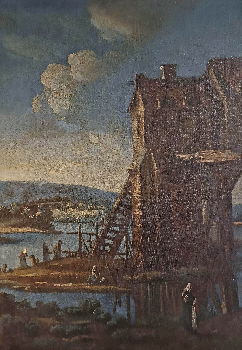 GRANDE DIPINTO CON PAESAGGIO E FIGURE FINE DEL XVII SECOLO-photo-1