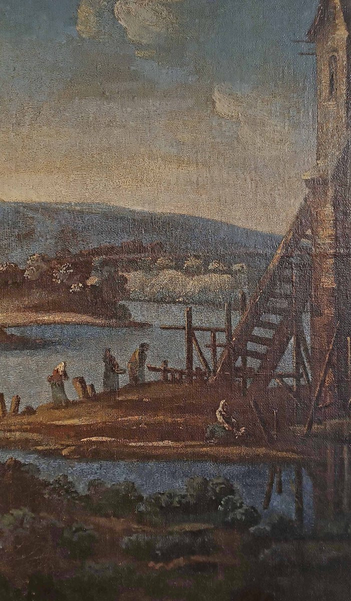 GRANDE DIPINTO CON PAESAGGIO E FIGURE FINE DEL XVII SECOLO-photo-2