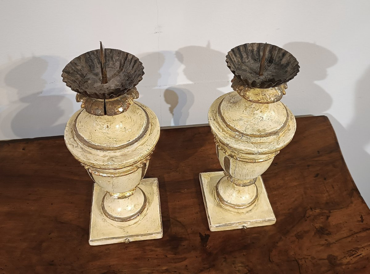 COPPIA DI CANDELABRI LACCATI E DORATI SECONDA META’ XVIII SECOLO-photo-4