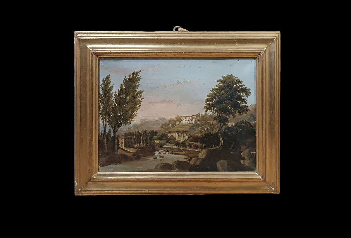 COPPIA DI PICCOLI QUADRI DI PAESAGGI SCUOLA ROMANA META’ XVIII SECOLO -photo-3
