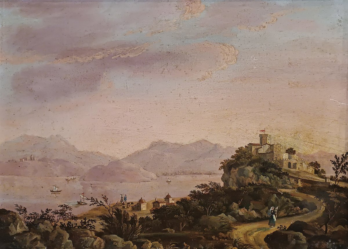 COPPIA DI PICCOLI QUADRI DI PAESAGGI SCUOLA ROMANA META’ XVIII SECOLO -photo-4