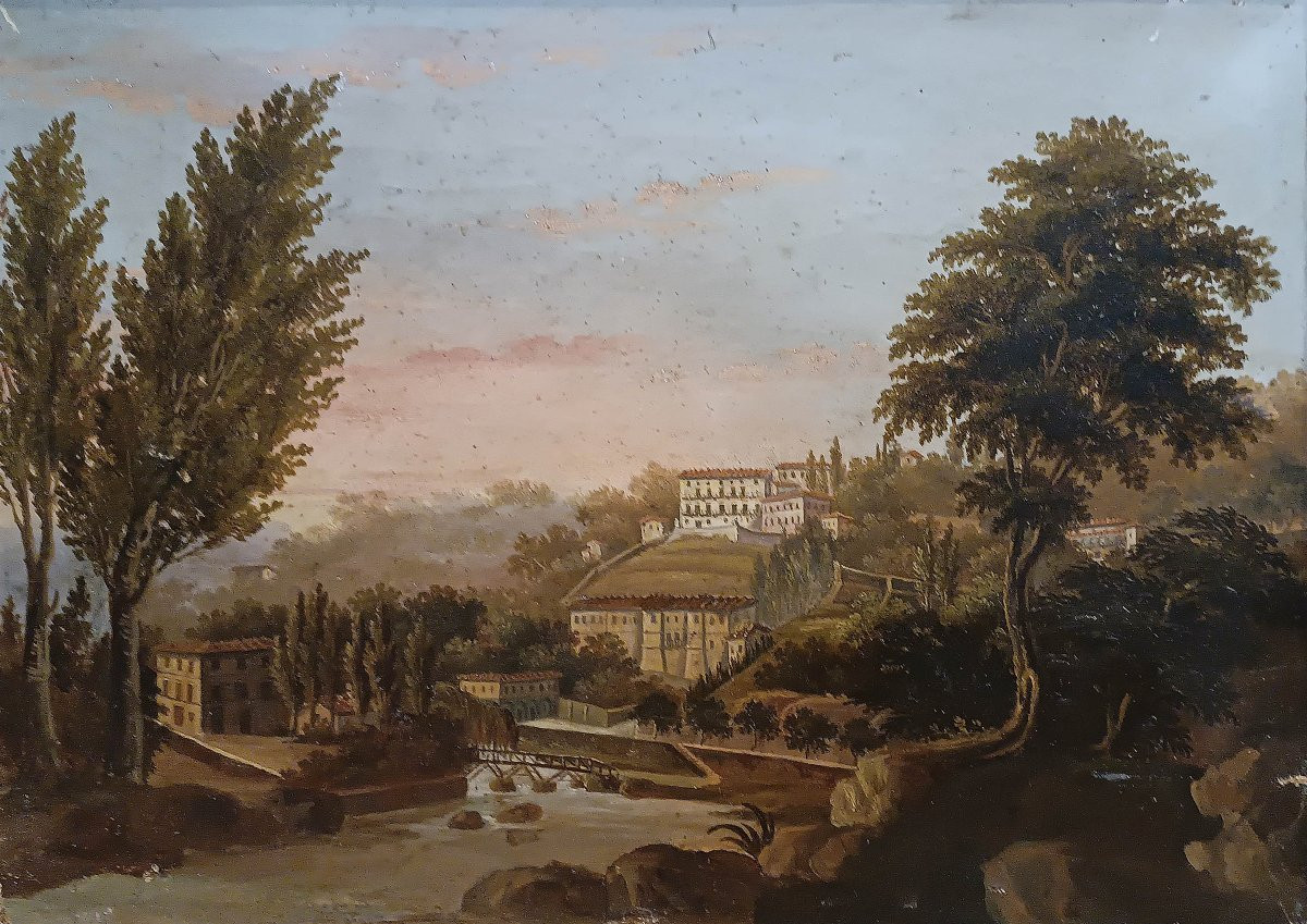 COPPIA DI PICCOLI QUADRI DI PAESAGGI SCUOLA ROMANA META’ XVIII SECOLO -photo-3