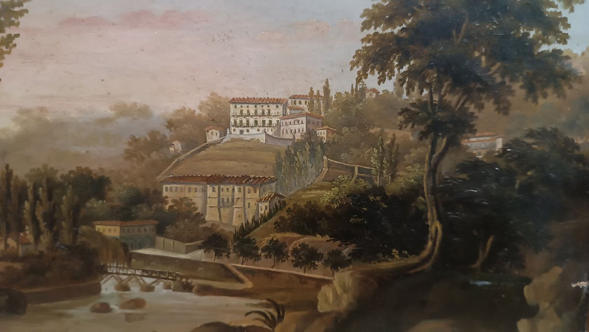 COPPIA DI PICCOLI QUADRI DI PAESAGGI SCUOLA ROMANA META’ XVIII SECOLO -photo-4