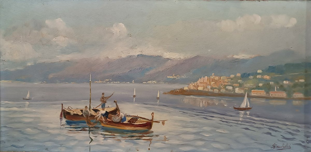 DIPINTO CON MARINA E BARCHE PRIMA META’ XX SECOLO-photo-3