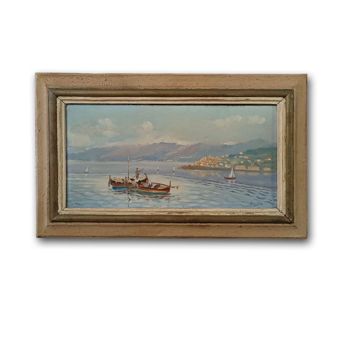 DIPINTO CON MARINA E BARCHE PRIMA META’ XX SECOLO