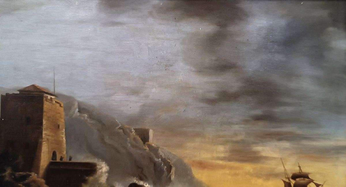 DIPINTO CON MARINA E TEMPESTA FINE XVIII SECOLO -photo-1