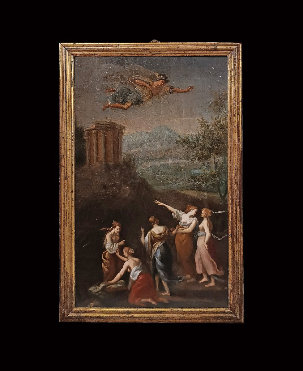 PITTURA A OLIO SU TAVOLETTA LIGNEA MERCURIO E LE FIGLIE DI CECROPE FINE XVIII SECOLO-photo-2