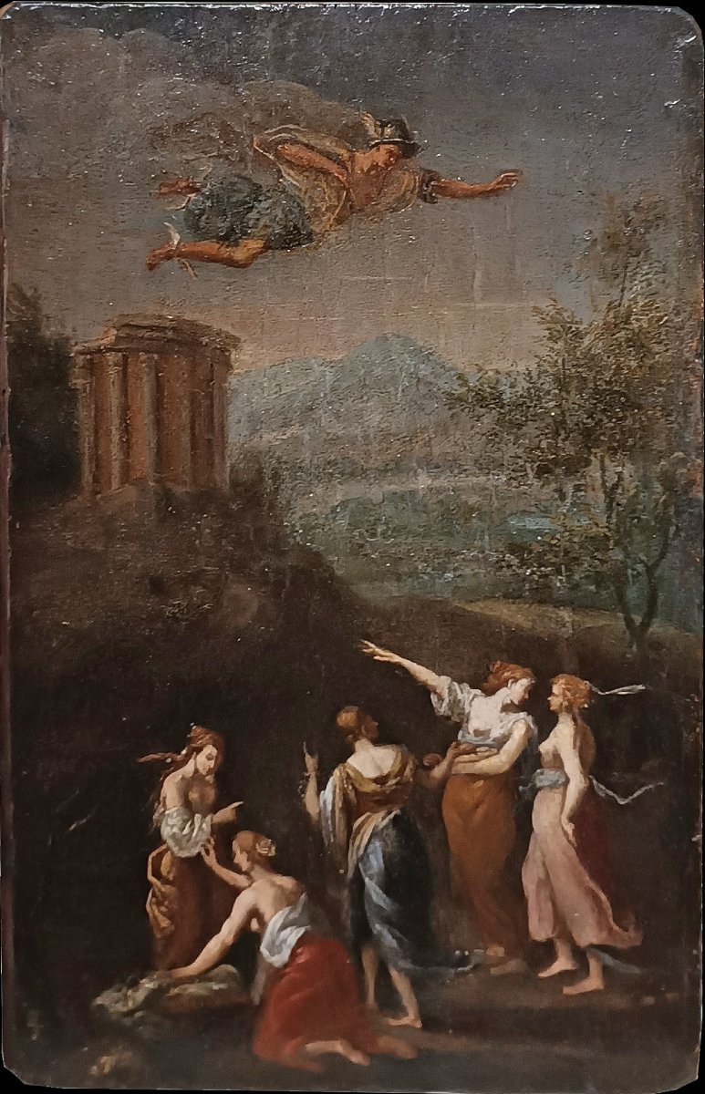 PITTURA A OLIO SU TAVOLETTA LIGNEA MERCURIO E LE FIGLIE DI CECROPE FINE XVIII SECOLO-photo-3