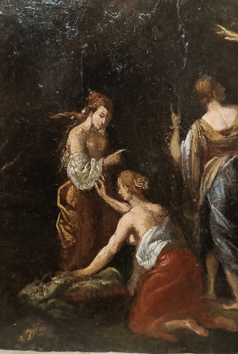 PITTURA A OLIO SU TAVOLETTA LIGNEA MERCURIO E LE FIGLIE DI CECROPE FINE XVIII SECOLO-photo-4