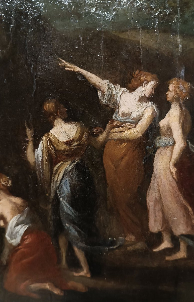 PITTURA A OLIO SU TAVOLETTA LIGNEA MERCURIO E LE FIGLIE DI CECROPE FINE XVIII SECOLO-photo-1