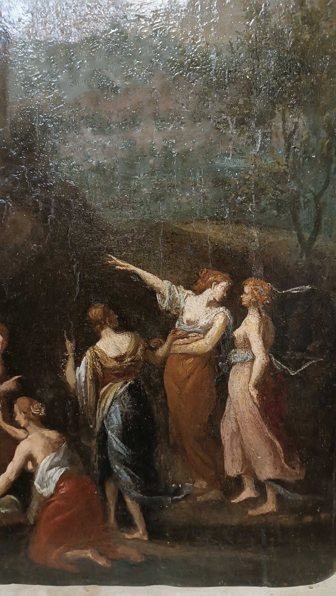 PITTURA A OLIO SU TAVOLETTA LIGNEA MERCURIO E LE FIGLIE DI CECROPE FINE XVIII SECOLO-photo-2