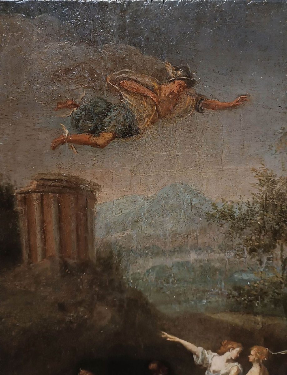 PITTURA A OLIO SU TAVOLETTA LIGNEA MERCURIO E LE FIGLIE DI CECROPE FINE XVIII SECOLO-photo-3
