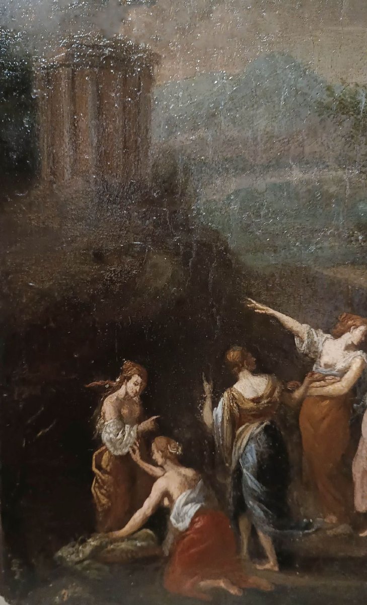 PITTURA A OLIO SU TAVOLETTA LIGNEA MERCURIO E LE FIGLIE DI CECROPE FINE XVIII SECOLO-photo-4