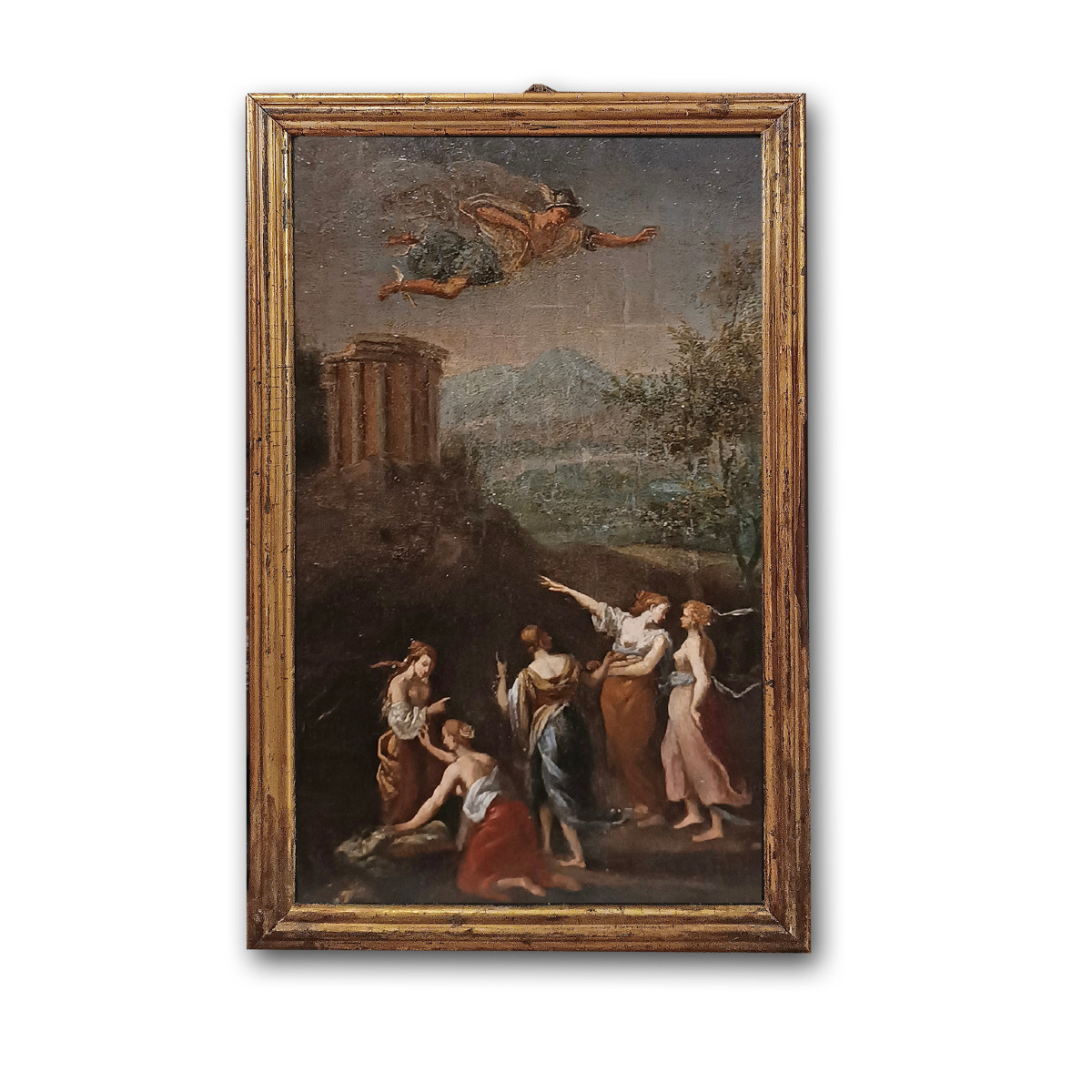 PITTURA A OLIO SU TAVOLETTA LIGNEA MERCURIO E LE FIGLIE DI CECROPE FINE XVIII SECOLO