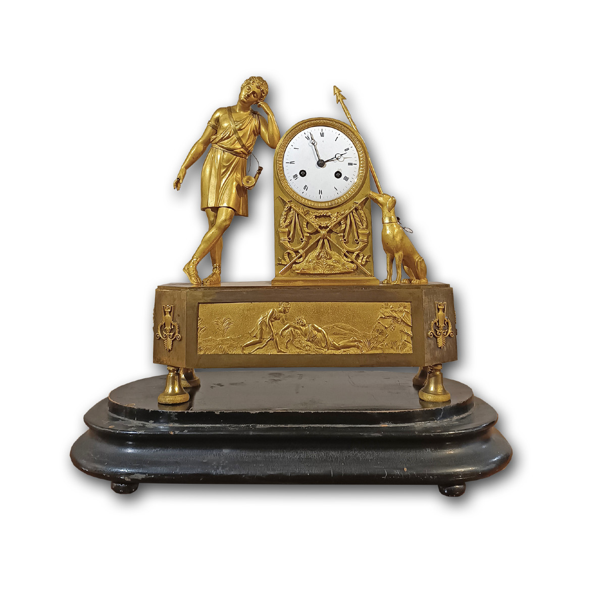 OROLOGIO IN BRONZO DORATO CON ADONE FINE XVIII SECOLO 