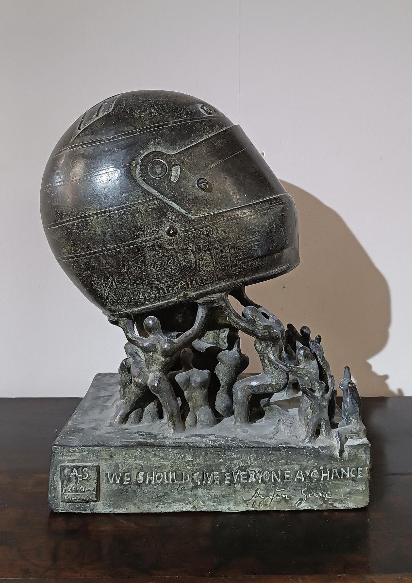 SCULTURA IN BRONZO TRIBUTO AD AYRTON SENNA FINE XX SECOLO-photo-3