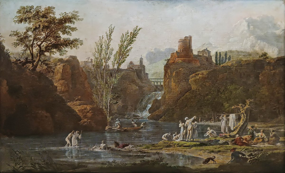 DIPINTO CON BAGNANTI AL FIUME FINE DEL XVIII SECOLO-photo-2