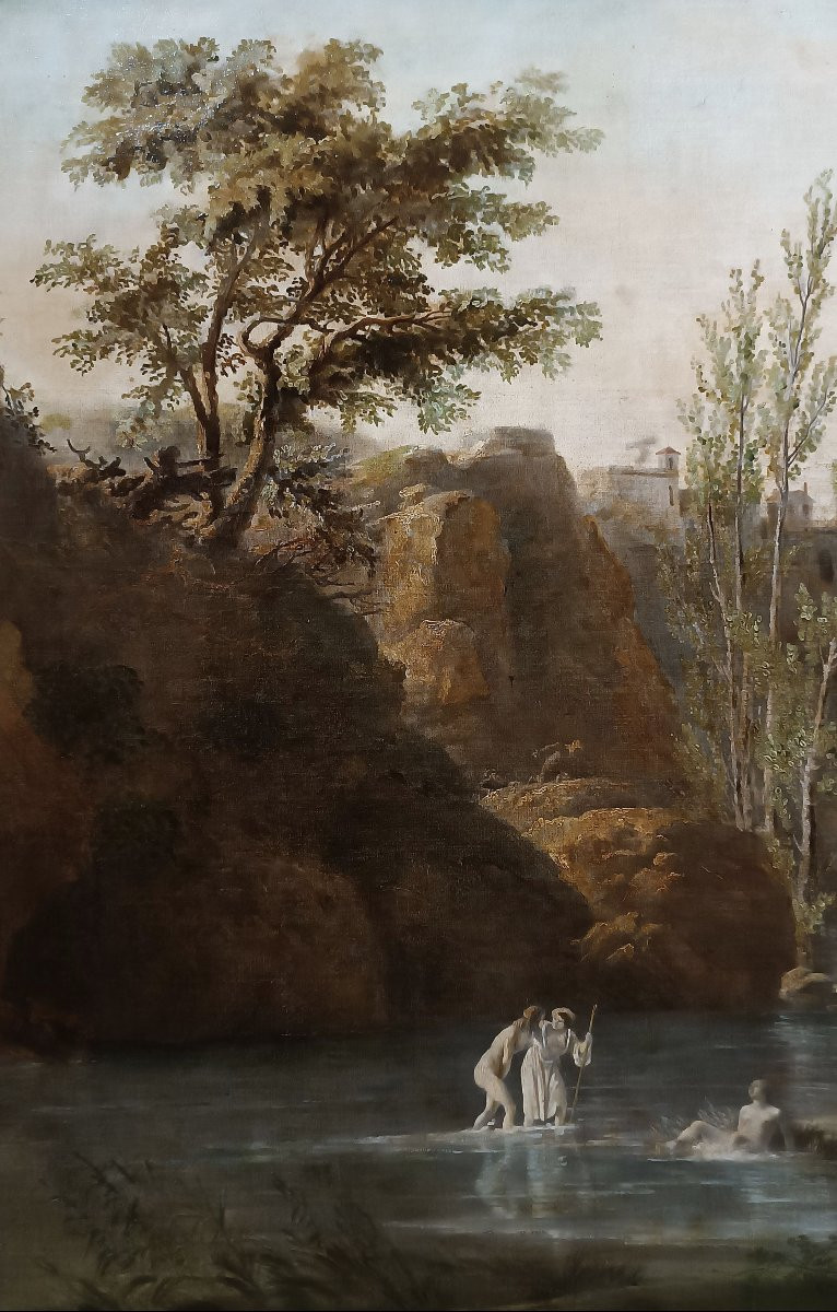 DIPINTO CON BAGNANTI AL FIUME FINE DEL XVIII SECOLO-photo-3