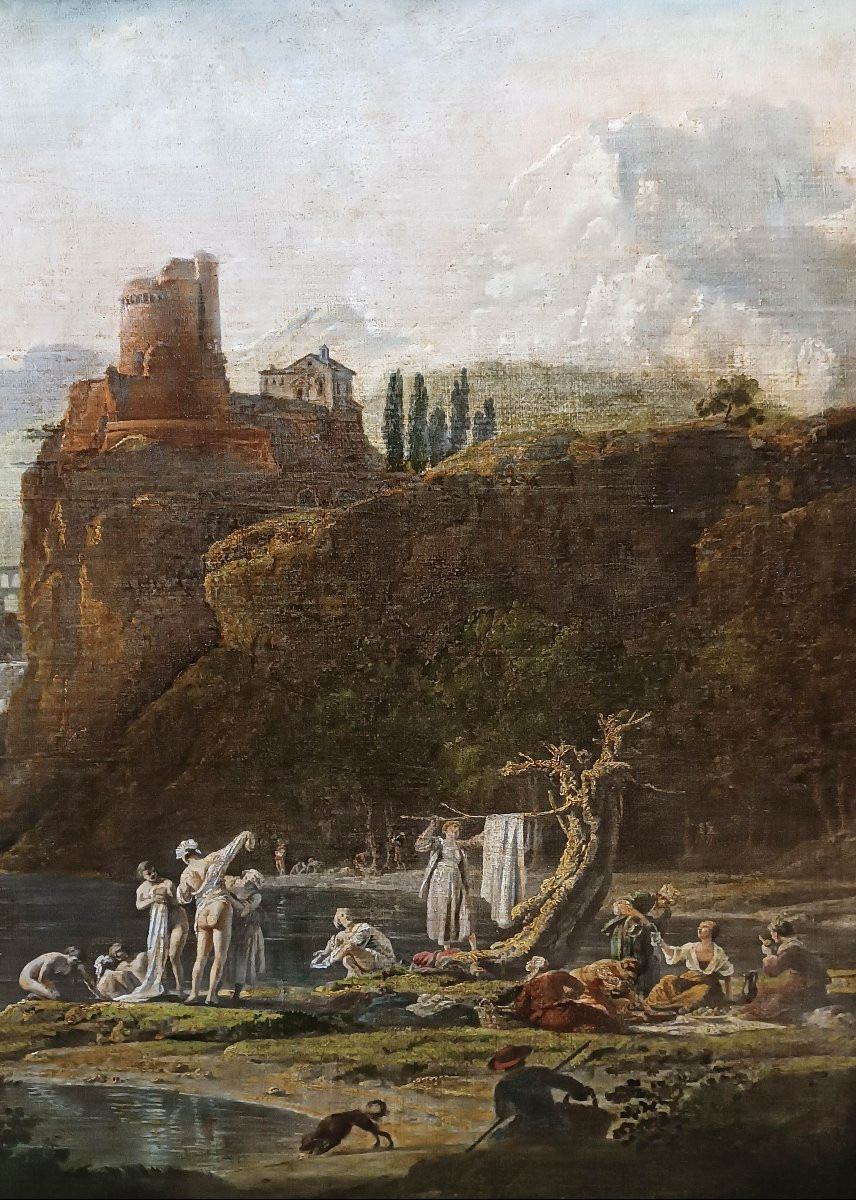 DIPINTO CON BAGNANTI AL FIUME FINE DEL XVIII SECOLO-photo-1