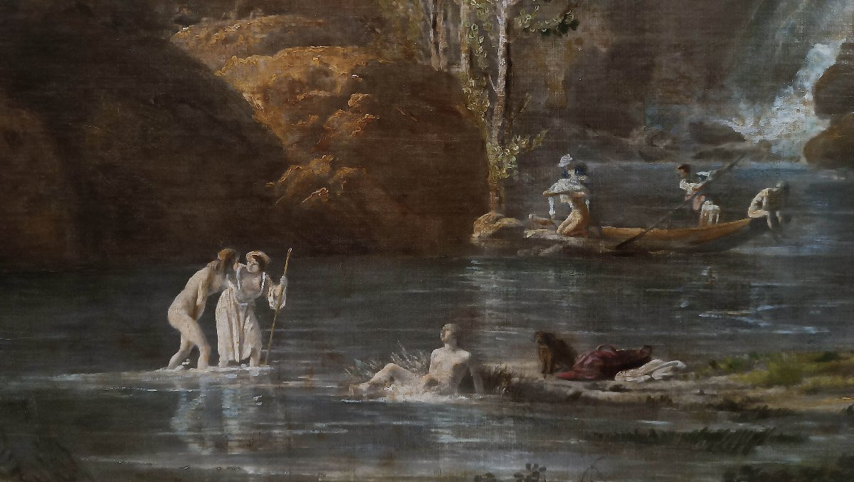 DIPINTO CON BAGNANTI AL FIUME FINE DEL XVIII SECOLO-photo-4