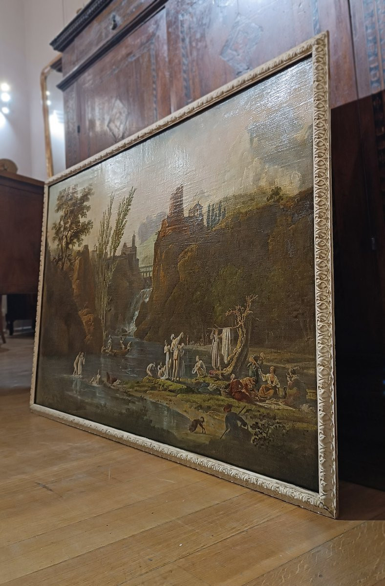 DIPINTO CON BAGNANTI AL FIUME FINE DEL XVIII SECOLO-photo-8