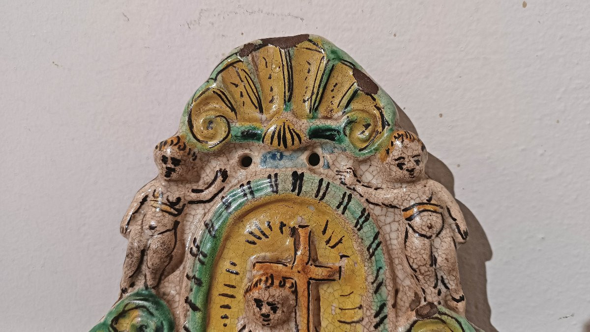 ACQUASANTIERA IN MAIOLICA DI MONTELUPO FINE XVII SECOLO -photo-3