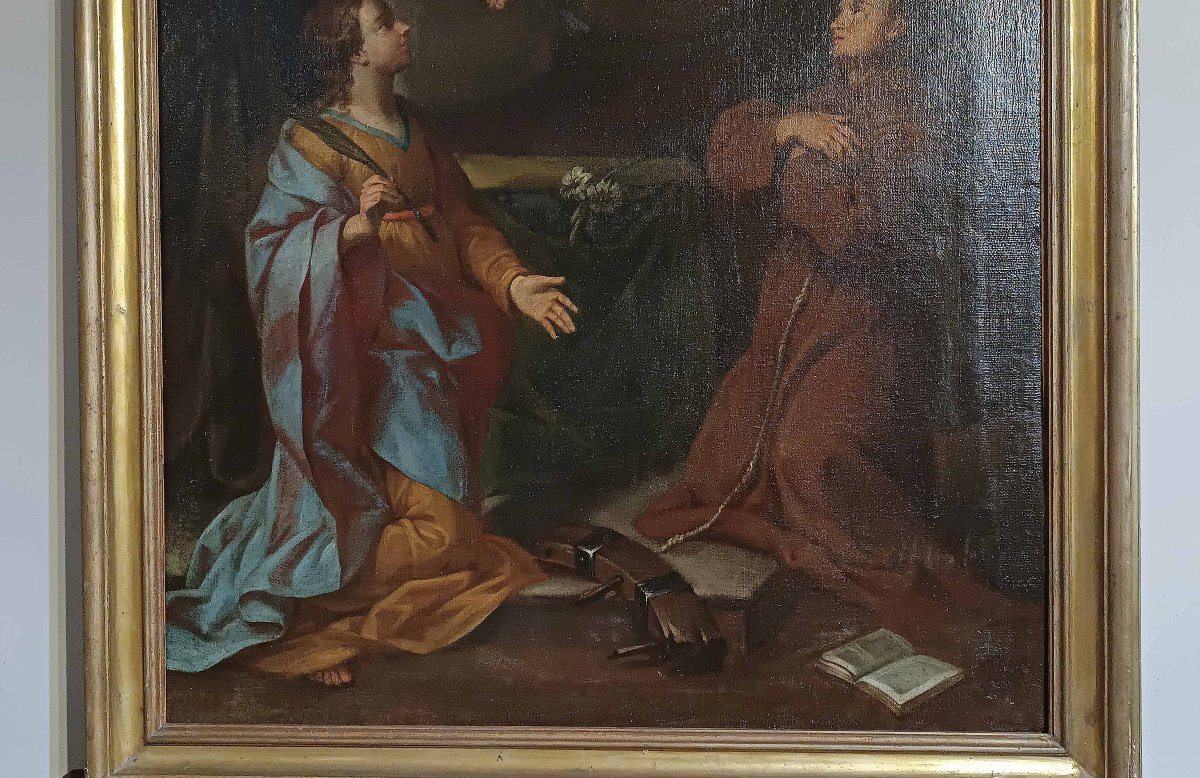 DIPINTO AD OLIO SU TELA CON ADORAZIONE SANTI PRIMI XVIII SECOLO -photo-3