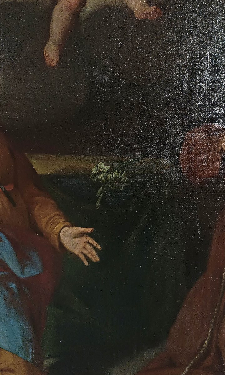 DIPINTO AD OLIO SU TELA CON ADORAZIONE SANTI PRIMI XVIII SECOLO -photo-4