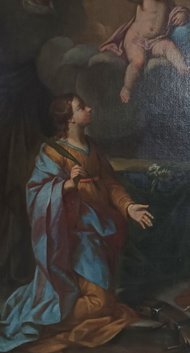 DIPINTO AD OLIO SU TELA CON ADORAZIONE SANTI PRIMI XVIII SECOLO -photo-1