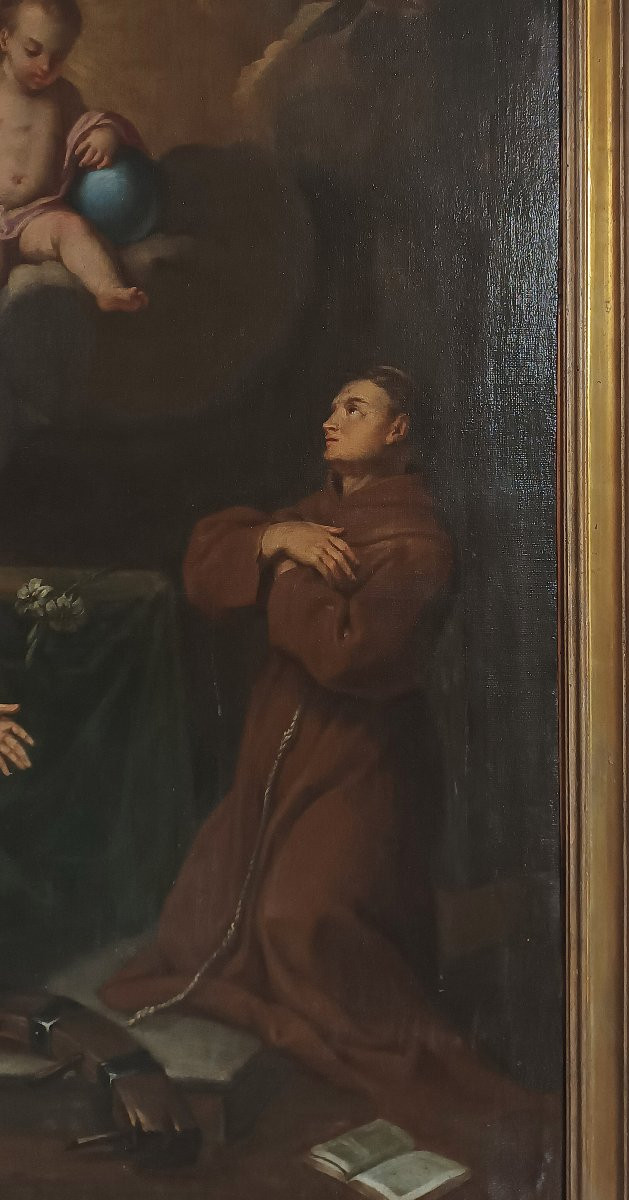 DIPINTO AD OLIO SU TELA CON ADORAZIONE SANTI PRIMI XVIII SECOLO -photo-2