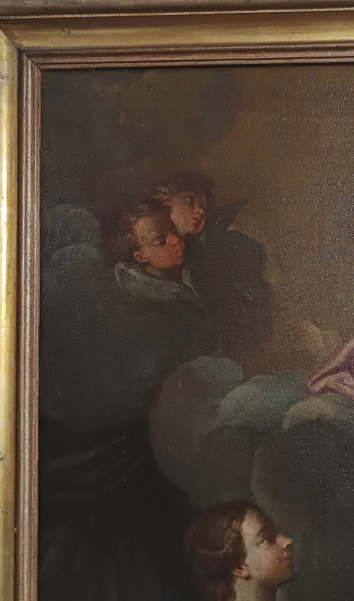 DIPINTO AD OLIO SU TELA CON ADORAZIONE SANTI PRIMI XVIII SECOLO -photo-4