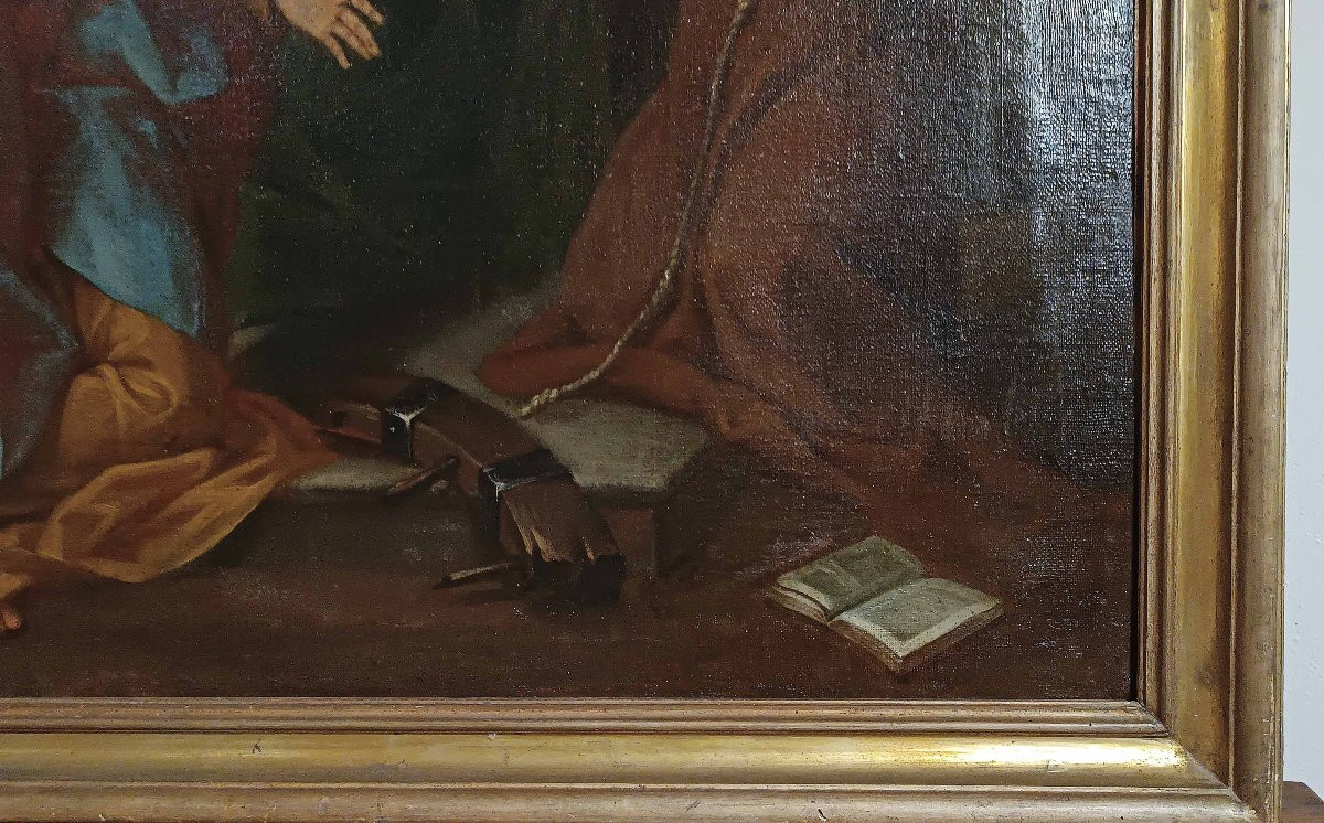 DIPINTO AD OLIO SU TELA CON ADORAZIONE SANTI PRIMI XVIII SECOLO -photo-5