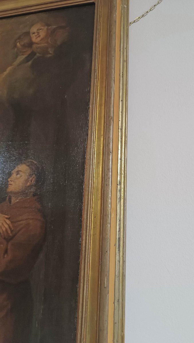 DIPINTO AD OLIO SU TELA CON ADORAZIONE SANTI PRIMI XVIII SECOLO -photo-8