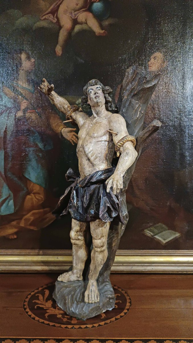 SCULTURA DI SAN SEBASTIANO IN LEGNO DIPINTO META’ XVIII SECOLO-photo-3