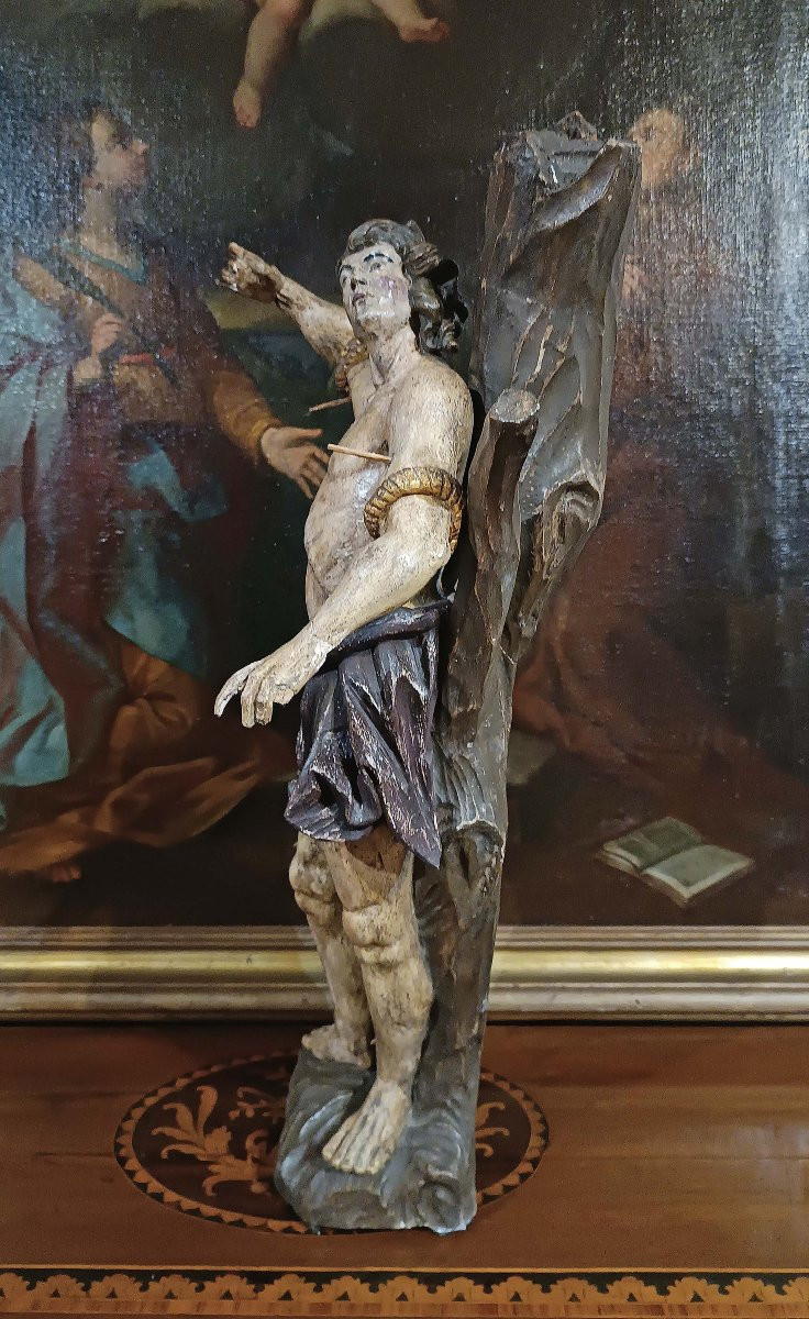 SCULTURA DI SAN SEBASTIANO IN LEGNO DIPINTO META’ XVIII SECOLO-photo-4
