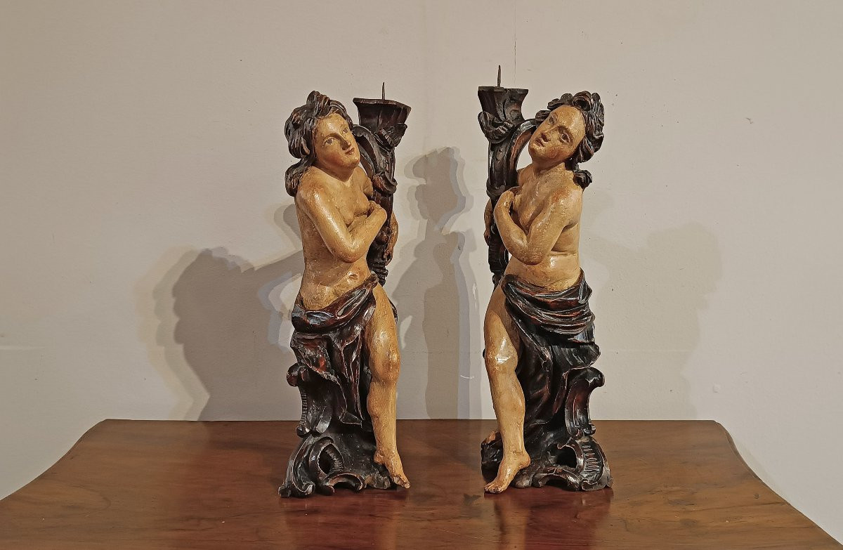 COPPIA DI CANDELABRI IN LEGNO DIPINTO META’ XVIII SECOLO -photo-2