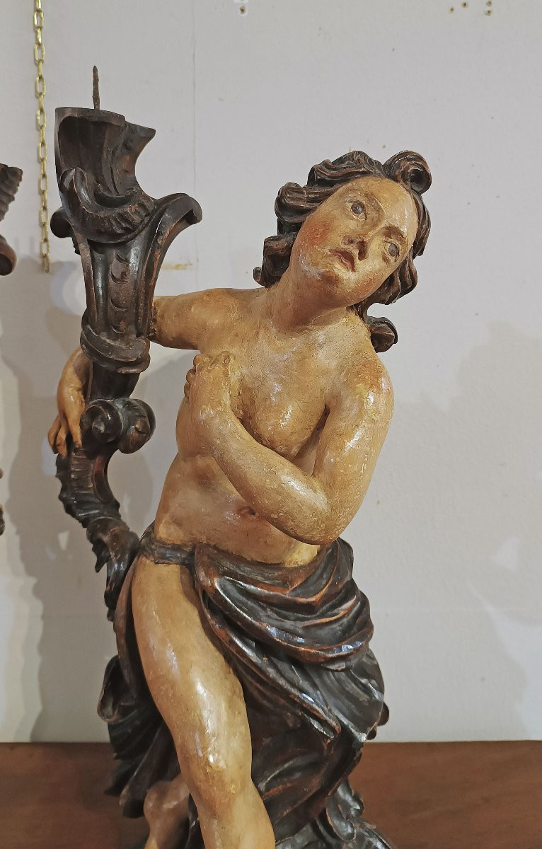 COPPIA DI CANDELABRI IN LEGNO DIPINTO META’ XVIII SECOLO -photo-3