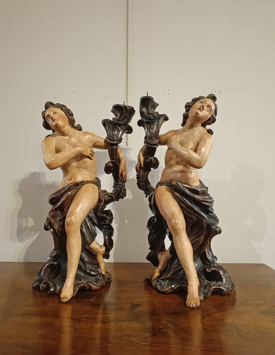 COPPIA DI CANDELABRI IN LEGNO DIPINTO META’ XVIII SECOLO -photo-8