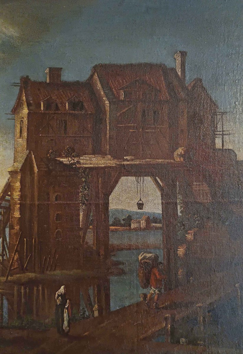 GRANDE DIPINTO CON PAESAGGIO E FIGURE FINE DEL XVII SECOLO-photo-3